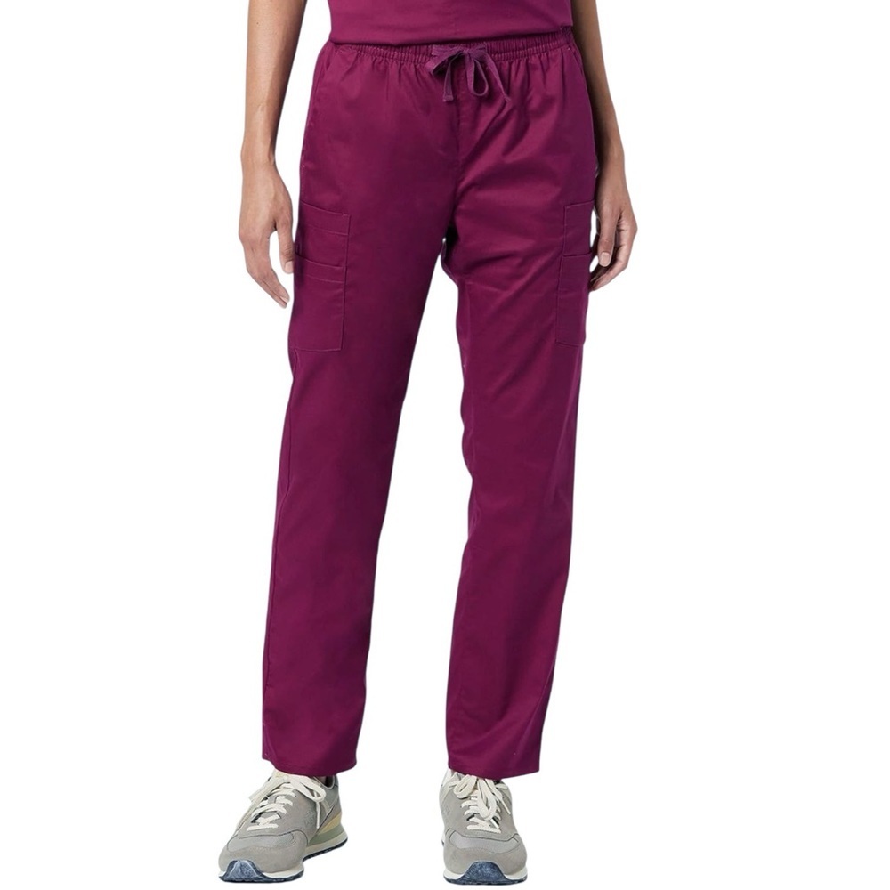 Women’s Scrub Pant Quick-Dry Cargo Pocket Pull-on Waist Stretch Plum Burgundy - Picture 2 of 4